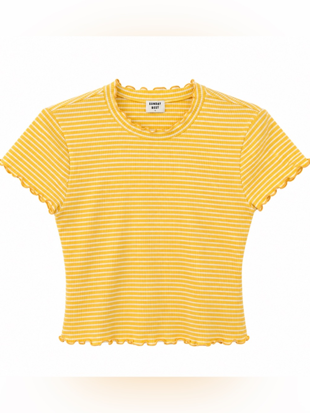 Aritzia Sunday Best Yellow & White Striped Ruffle-Edge Tee Size L
